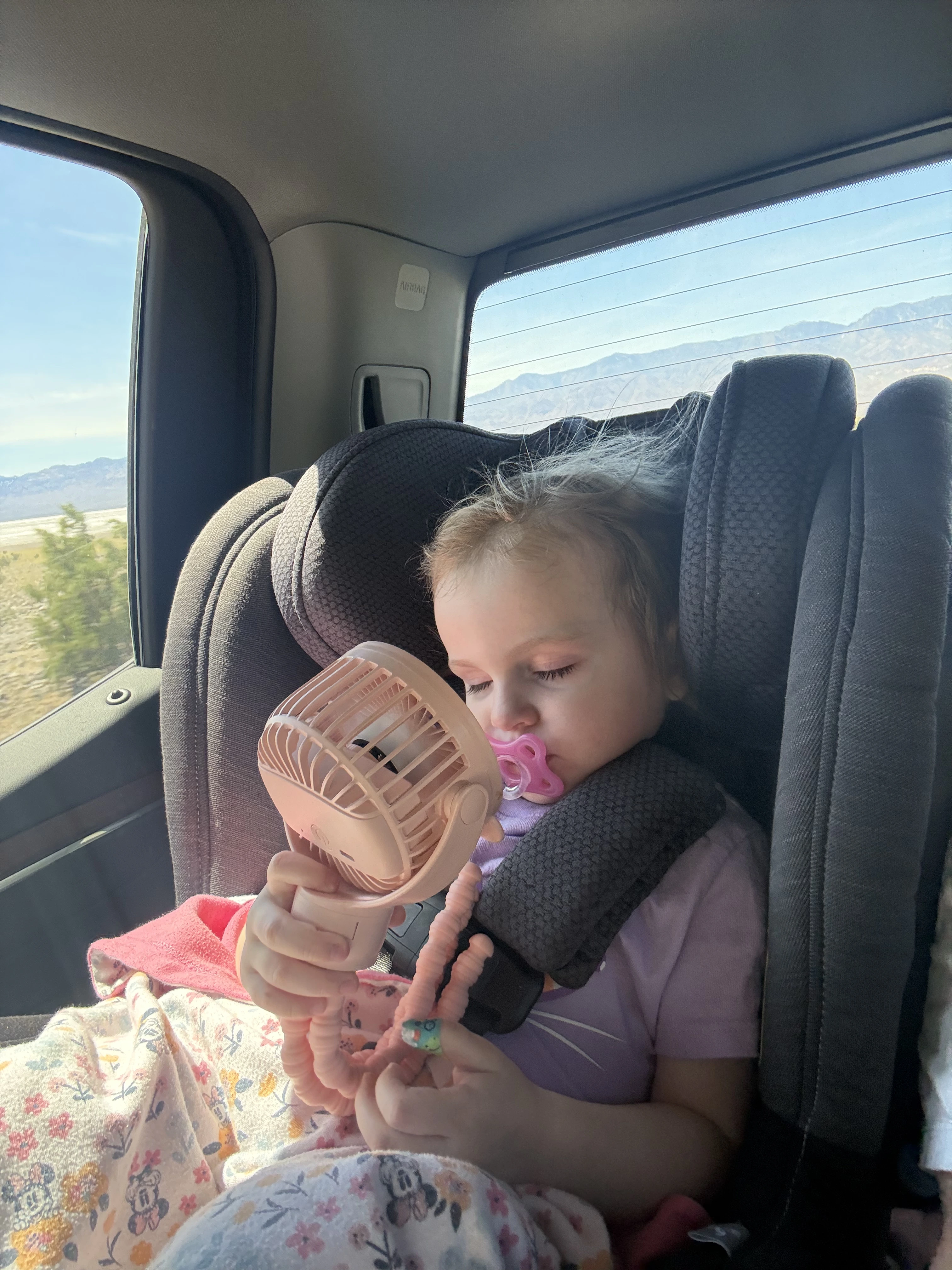 Sophia asleep in her carseat with a fan blowing on her face